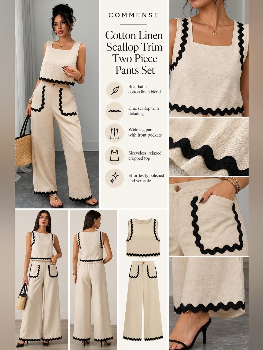 NWT Commense Cream Cotton-Linen Wide-Leg Pants with Black Scallop Trim